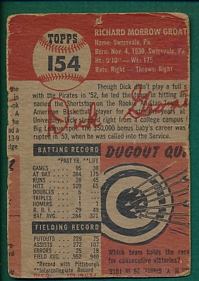 1953 Topps Printing Error, Grasso W/ Groat Back 
