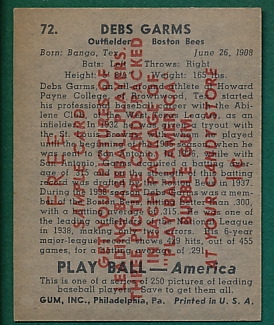 1939 Play Ball #72 Debs Garms, *Salesman's Sample*