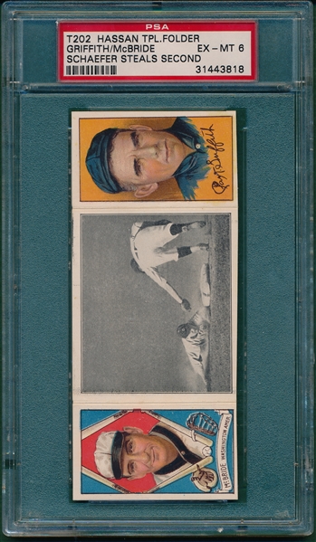 1912 T202 Schaefer Steals Second, McBride/ Griffith, Hassan Cigarettes Triple Folder PSA 6