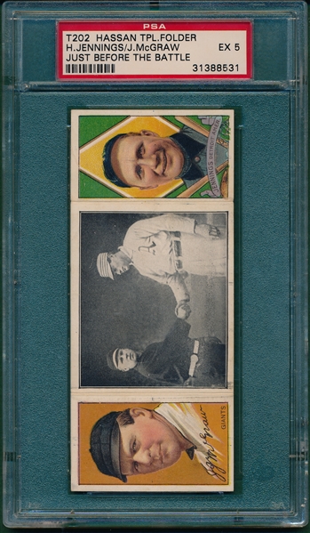 1912 T202 Just Before the Battle, McGraw/ Jennings, Hassan Cigarettes Triple Folder PSA 5