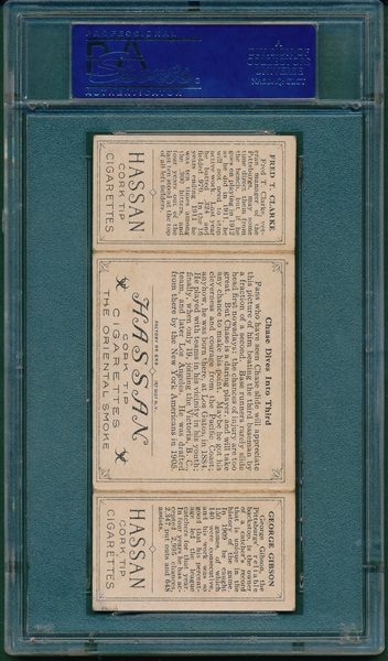 1912 T202 Chase Dives Into Third, Gibson/ Fred Clarke, Hassan Cigarettes Triple Folder PSA 5