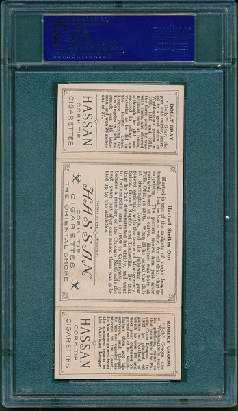 1912 T202 Hartsel Strikes Out, Groom/ Gray, Hassan Cigarettes Triple Folder PSA 5