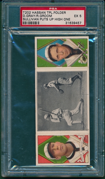 1912 T202 Sullivan Puts Up High One, Groom/ Gray, Hassan Cigarettes Triple Folder PSA 5