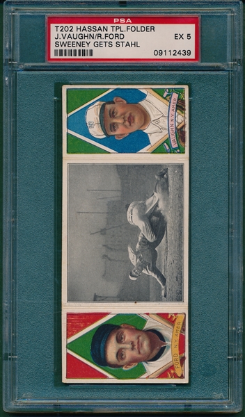 1912 T202 Sweeney Gets Stahl, Ford/ Vaughn, Hassan Cigarettes Triple Folder PSA 5