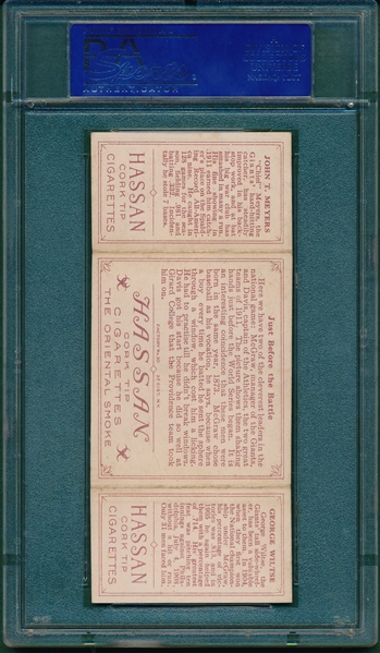 1912 T202 Just Before the Battle, Wiltse/Meyers, Hassan Cigarettes Triple Folder PSA 5