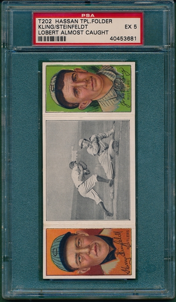 1912 T202 Lobert Almost Caught, Steinfeldt/ Kling, Hassan Cigarettes Triple Folder PSA 5