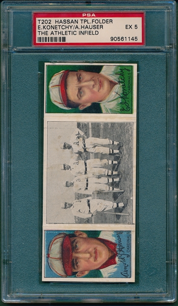 1912 T202 The Athletic Infield, Hauser/ Konetchy, Hassan Cigarettes Triple Folder PSA 5
