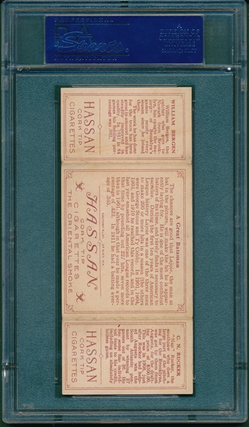 1912 T202 A Great Batsman (Lajoie), Rucker/ Bergen, Hassan Cigarettes Triple Folder PSA 6