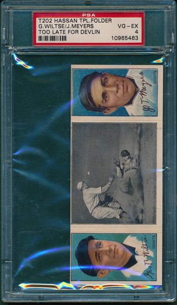 1912 T202 Too Late For Devlin, Wiltse/ Meyers, Hassan Cigarettes Triple Folder PSA 4