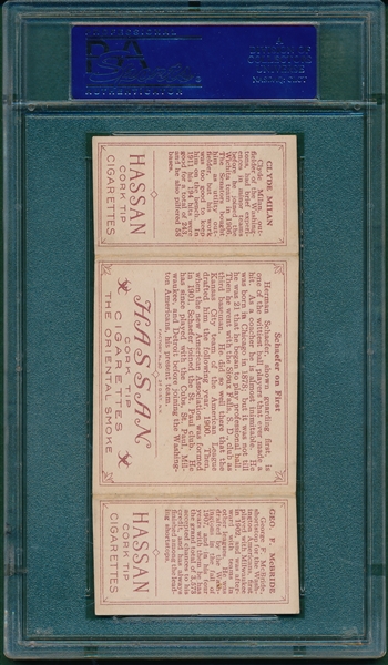 1912 T202 Schaefer On First, McBride/ Milan, Hassan Cigarettes Triple Folder PSA 4