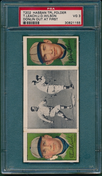 1912 T202 Donlin Out at First, Leach/ Wilson, Hassan Cigarettes Triple Folder PSA 3