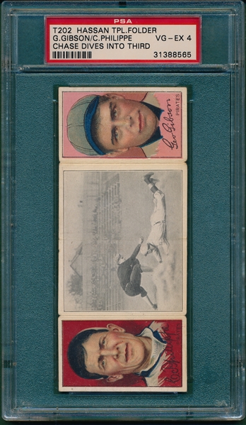 1912 T202 Chase Dives Into Third, Gibson/ Phillippe, Hassan Cigarettes Triple Folder PSA 4