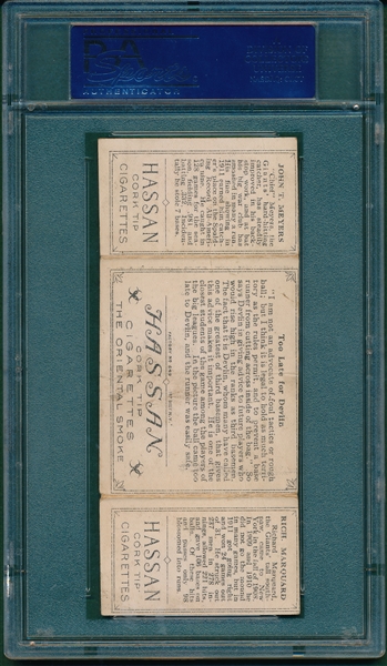 1912 T202 Too Late For Devlin, Marquard/ Meyers, Hassan Cigarettes Triple Folder PSA 3