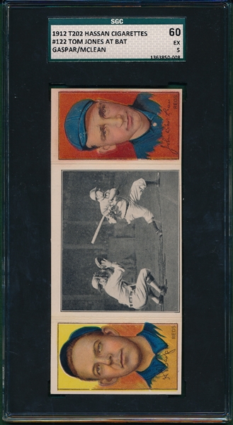 1912 T202 Tom Jones At Bat, Gasper/ McLean, Hassan Cigarettes Triple Folder SGC 60