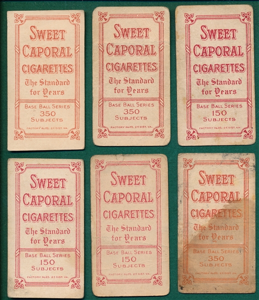 1909-1911 T206 (6) Card Lot of Sweet Caporal, Factory 25, Cigarettes W/ Kleinow, NY