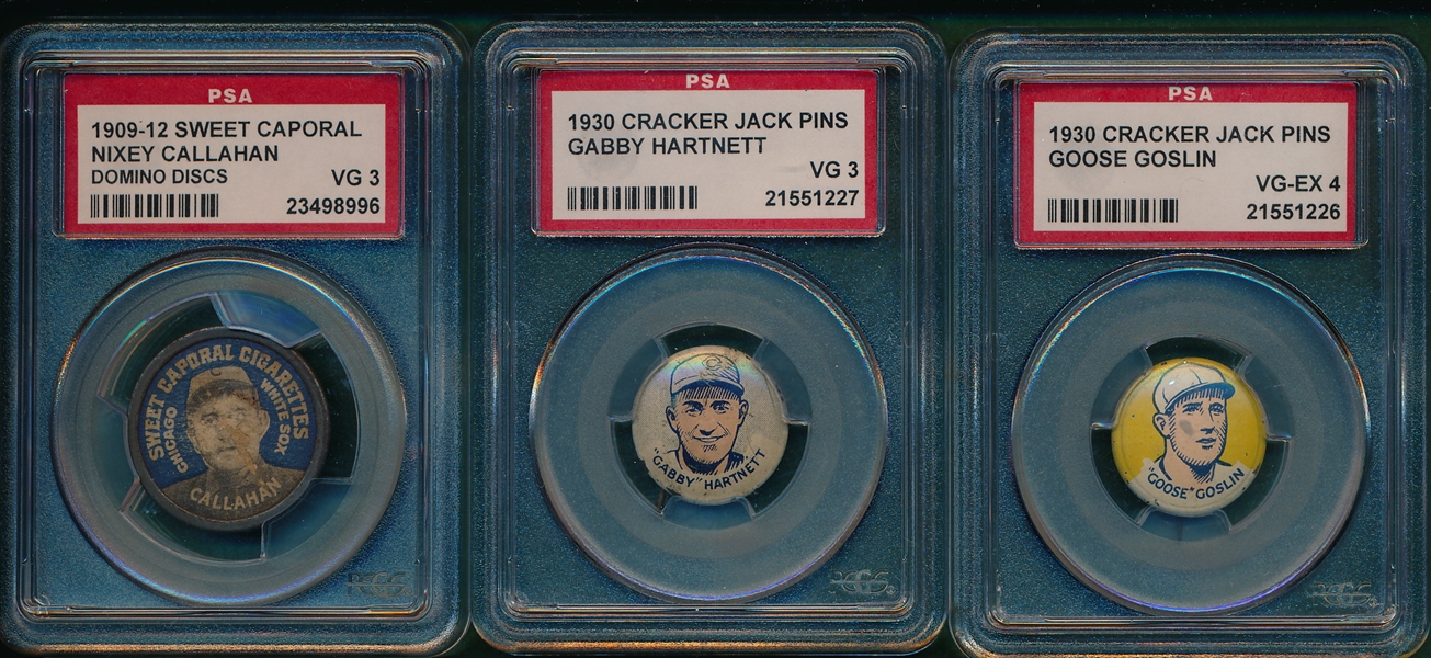 1909-12 SC Disc Callahan & 1930 Cracker Jack Pin Harnett & Goslin, Lot of (3) PSA 