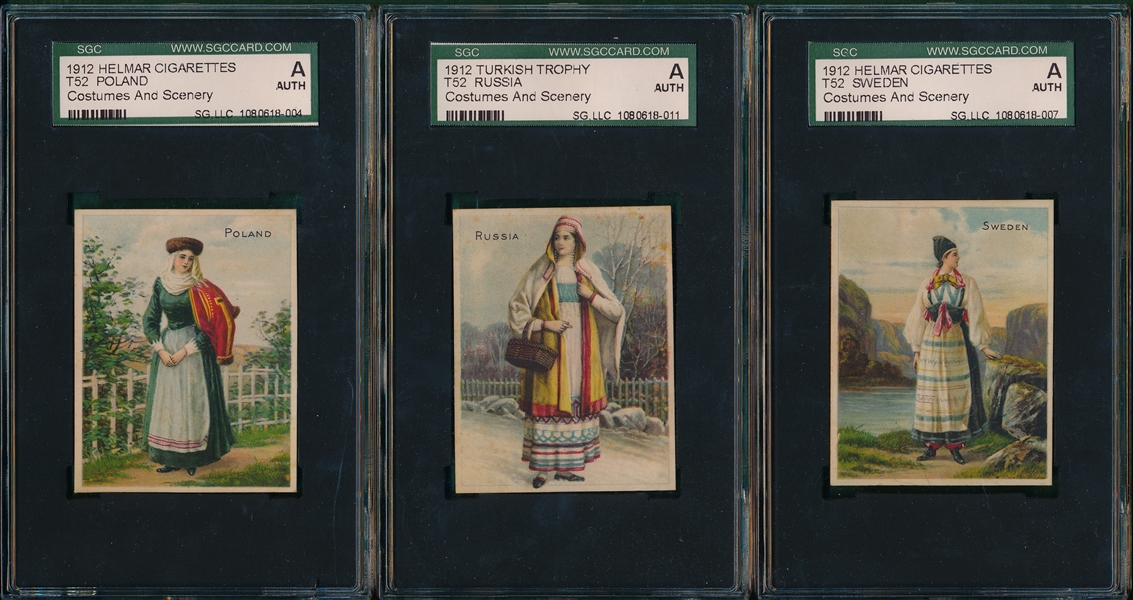 1912 T52 Costumes and Scenery, Helmar & Turkish Trophy Cigarettes, Lot of (5) SGC Authentic