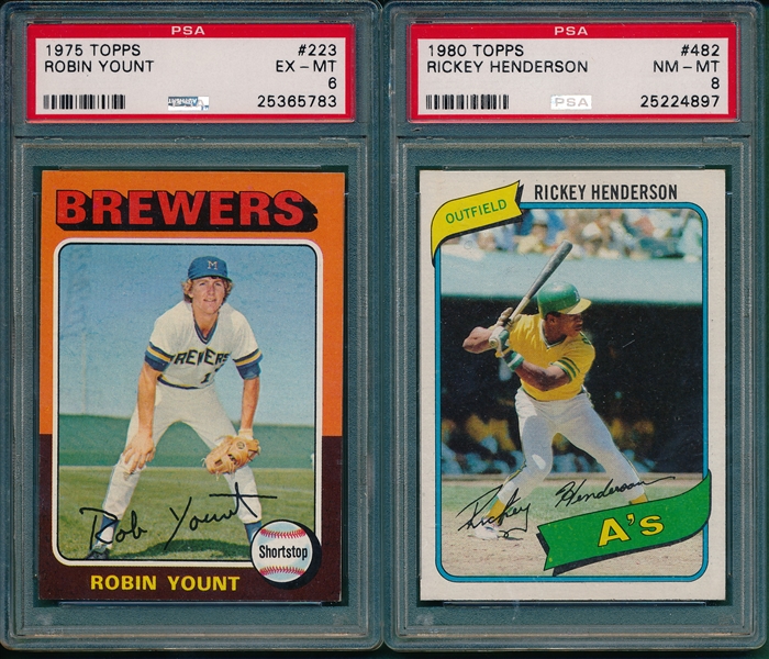 1975 Topps #223 Yount PSA 6 & 1980 #482 Rickey Henderson PSA 8, Lot of (2) Rookie Cards