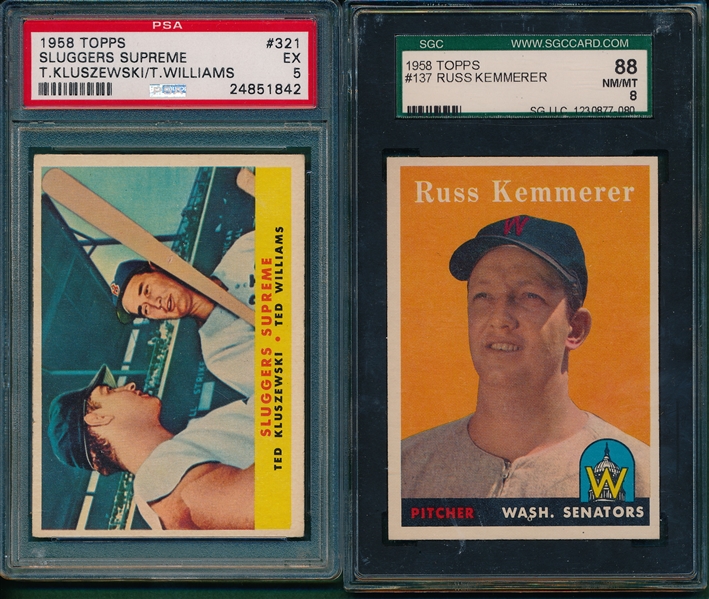 1958 Topps #137 Kemmerer SGC 88 & #321 Sluggers Supreme W/ Ted Williams PSA 5, Lot of (2)