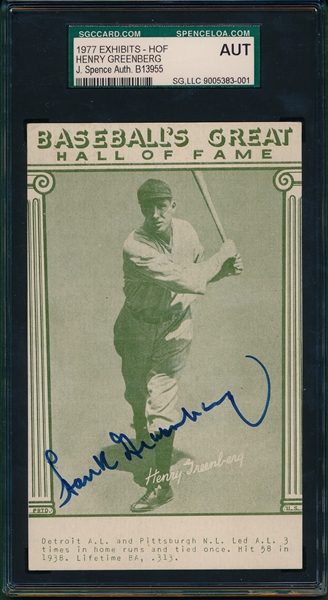 1977 Baseball Great HOF Hank Greenberg, Autographed SGC Authentic