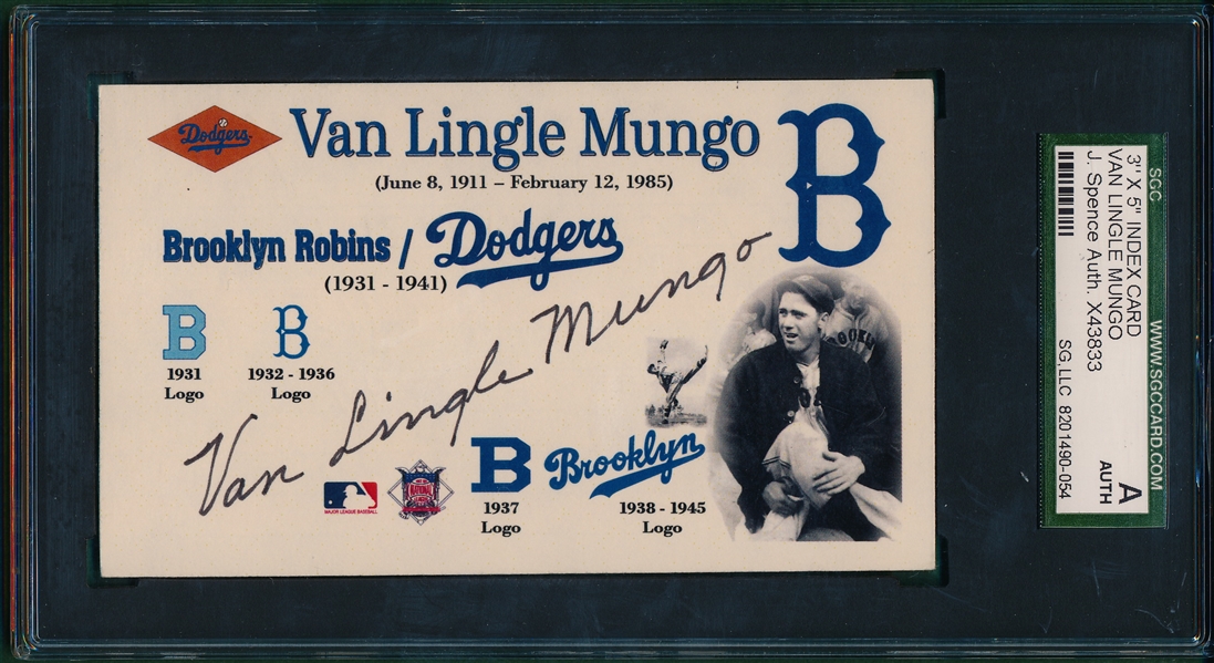 Brooklyn Dodgers Van Lingo Mungo Autographed 3 X 5, SGC Authentic