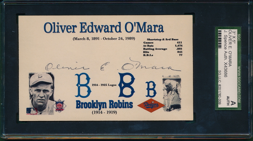 Brooklyn Dodgers Oliver O'Mara Autographed 3 X 5, SGC Authentic