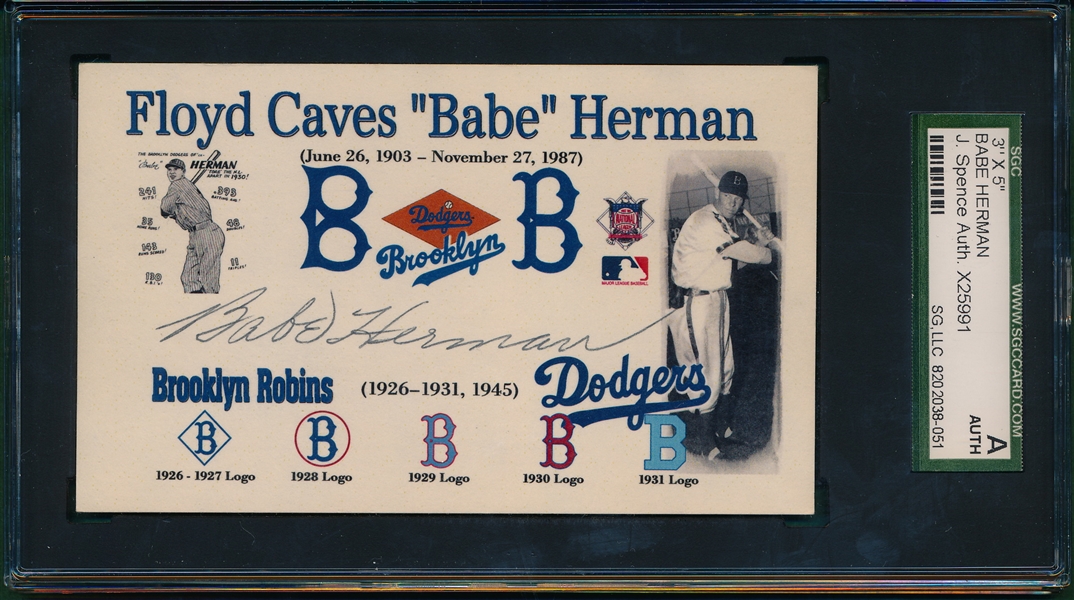 Brooklyn Dodgers Babe Herman Autographed 3 X 5, SGC Authentic