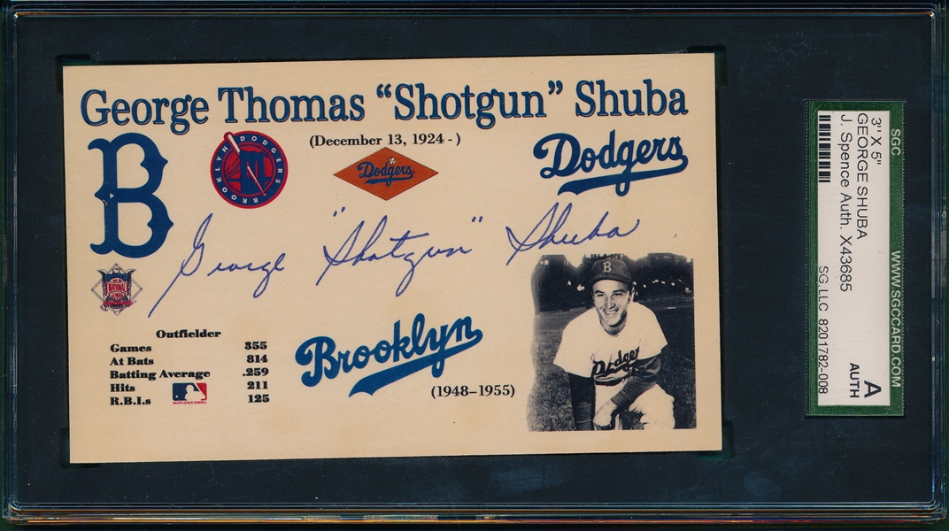 Brooklyn Dodgers George Shuba Autographed 3 X 5, SGC Authentic