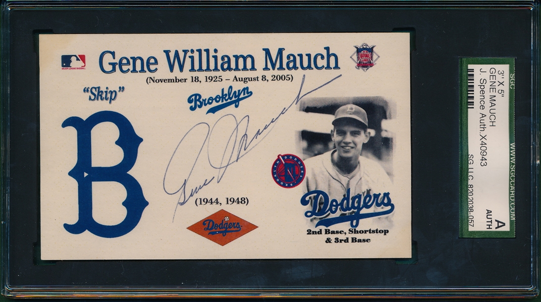 Brooklyn Dodgers Gene Mauch Autographed 3 X 5, SGC Authentic