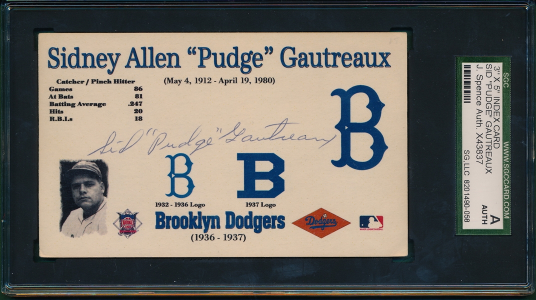 Brooklyn Dodgers Sidney Gautreaux Autographed 3 X 5, SGC Authentic