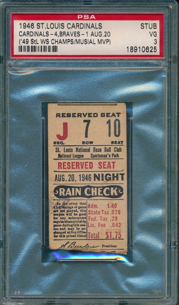 1946 St. Louis Cardinals Ticket Stub Aug 20 PSA 3