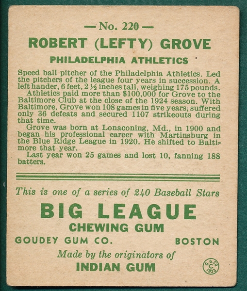 1933 Goudey #220 Robert LeftyGrove, Autographed JSA Authentic