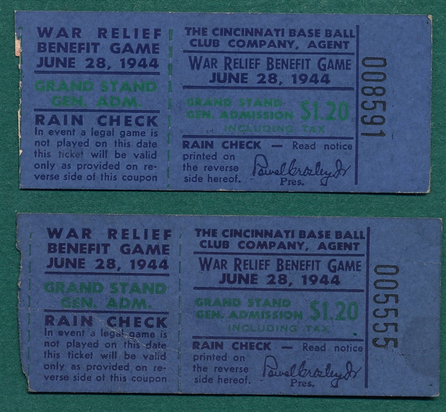 War Relief Benefit Game, Cincinnati, June 28, 1944, Lot of (2) Ticket Stubs
