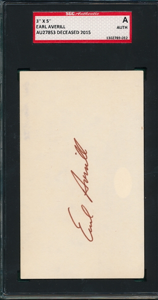 Earl Averill Autographed Index Card SGC Authentic