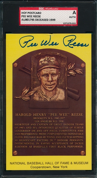 Pee Wee Reese Autographed Hall of Fame Post Card SGC Authentic