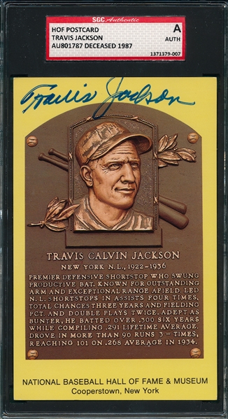 Travis Jackson Autographed Hall of Fame Post Card SGC Authentic