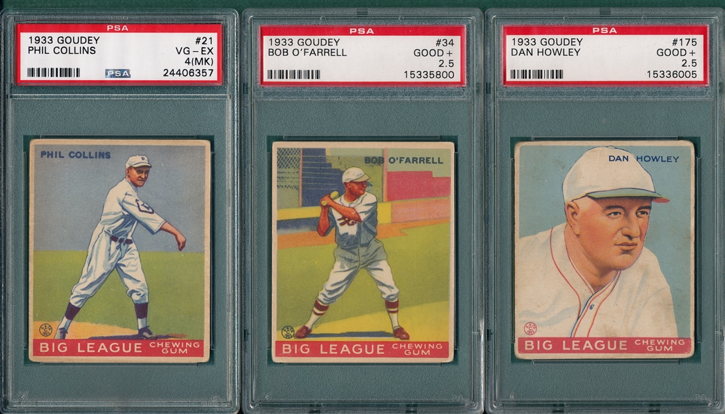 1933 Goudey #21 Collins, #34 O'Farrell & #175 Howley, Lot of (3) PSA