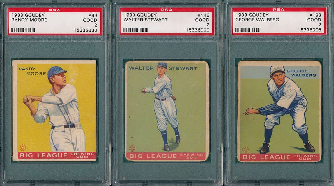 1933 Goudey #69 Moore, #146 Stewart & #183 Walberg, Lot of (3) PSA 2