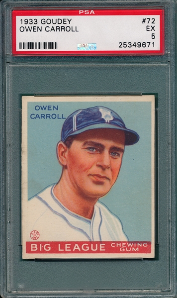 1933 Goudey #72 Owen Carroll PSA 5