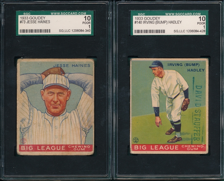 1933 Goudey #73 Haines & #140 Hadley, (2) Card Lot SGC