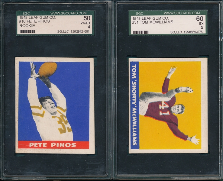1948 Leaf FB #16 Pihos, Yellow, Rookie & #31 McWilliams, Red, (2) Card lot SGC