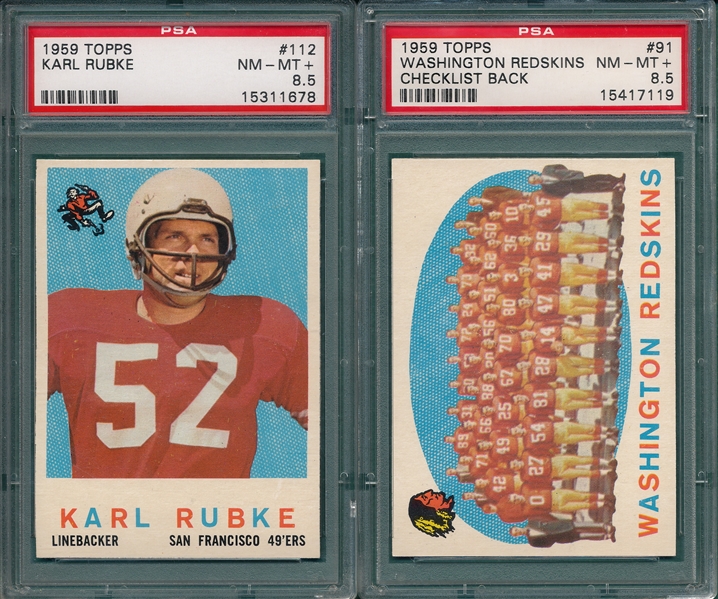 1959 Topps FB #91 Redskins & #112 Rubke, Lot of (2) PSA 8.5