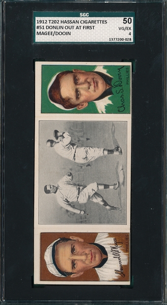 1912 T202 Donlin Out At First, Magee/Dooin, Hassan Cigarettes SGC 50