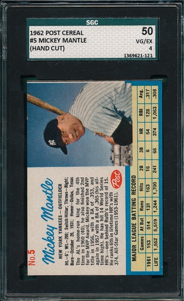 1962 Post Cereal #5 Mickey Mantle SGC 50