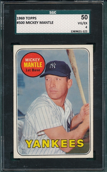 1969 Topps #500 Mickey Mantle, Yellow Letters, SGC 50