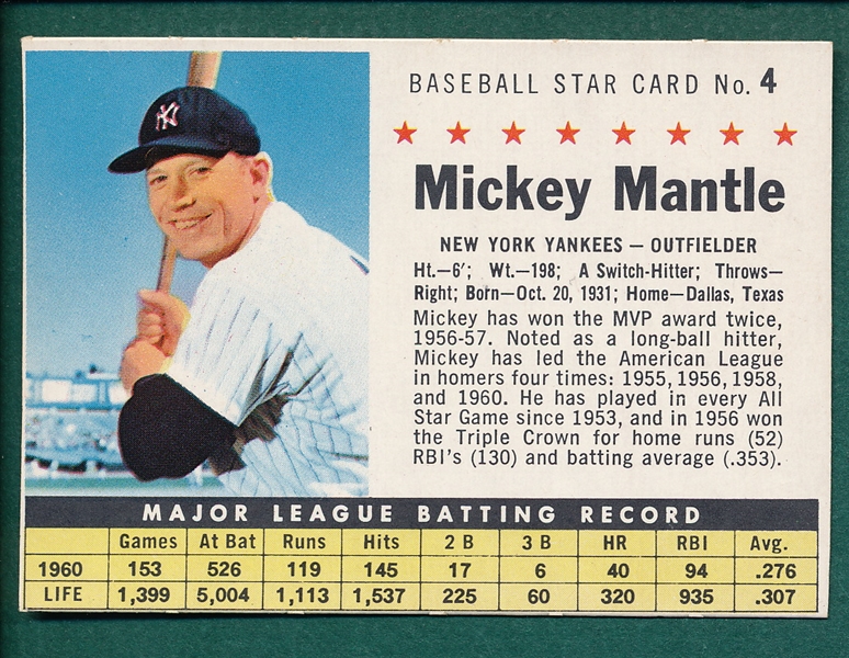 1961 Post Cereal #4 Mickey Mantle 