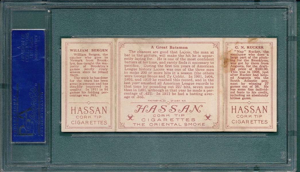 1912 T202 A Great Batsman W/ Lajoie, Bergen/Rucker, Hassan Cigarettes PSA 5