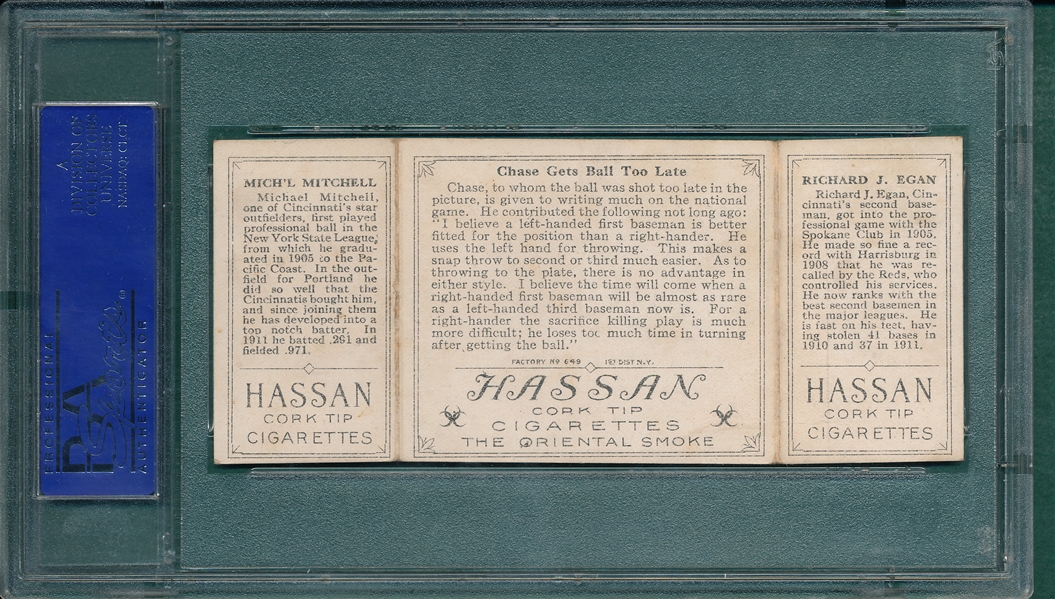 1912 T202 Chase Gets Ball Too Late, Egan/Mitchell, Hassan Cigarettes PSA 5