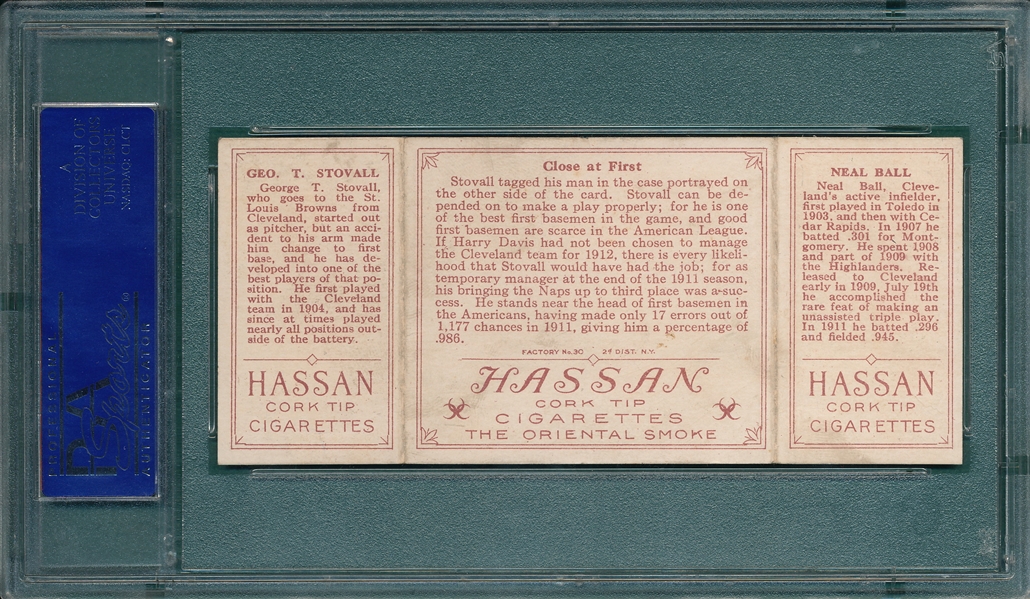 1912 T202 Close At First, Ball/ Stovall, Hassan Cigarettes PSA 5