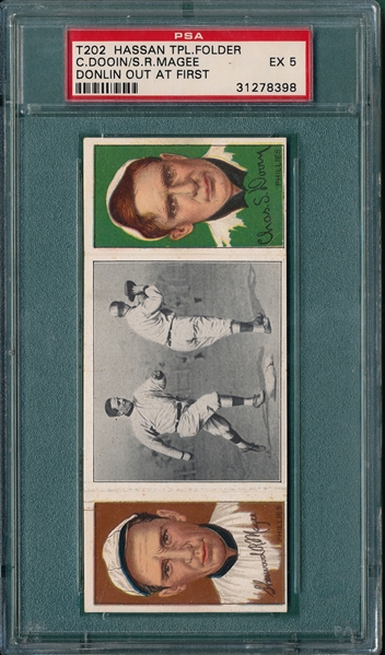 1912 T202 Donlin Out At First, Magee/ Dooin, Hassan Cigarettes PSA 5